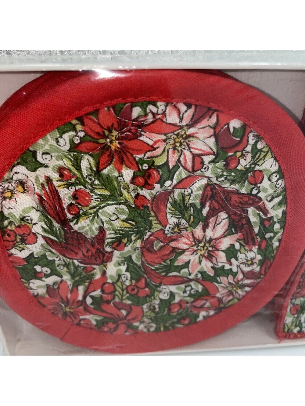 Vintage Quilted Christmas Coasters Napkins Cardinals Poinsettia